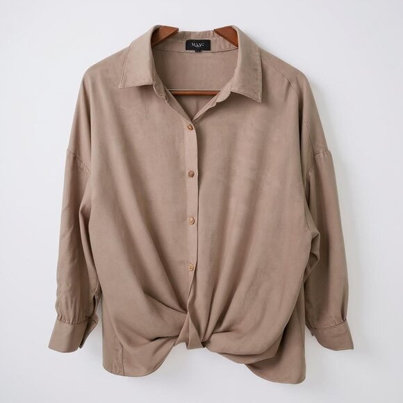 Maac London Belfry Taupe Button Down Twist Waist Top 100% Rayon S - Picture 3 of 7
